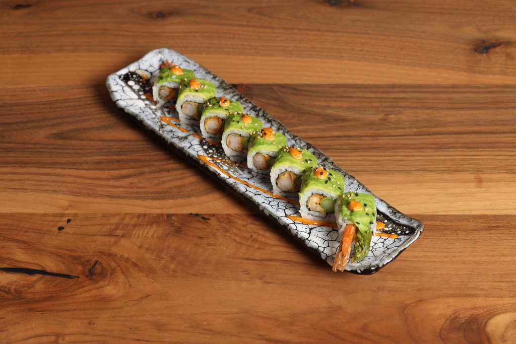Dragon roll with prawn tempura and avocado from OKA's weekday lunch menu in Soho